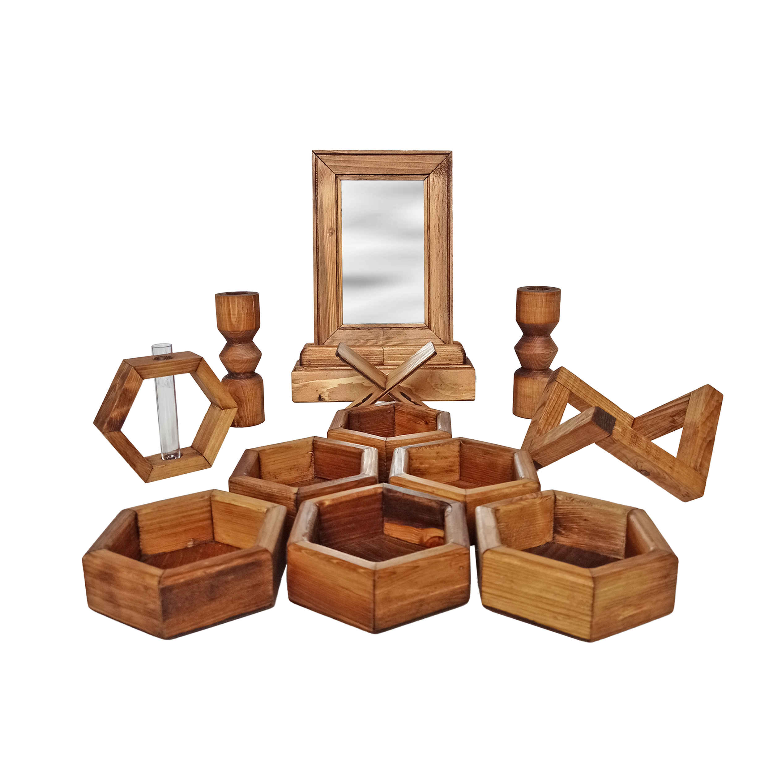 Exquisite Wooden Haft Seen Set with Elegant Geometric Design – A Timeless Persian New Year Display Set of 13