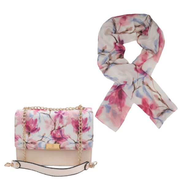 Fashionable Chain Strap Bag with Coordinated Scarf – Floral Design