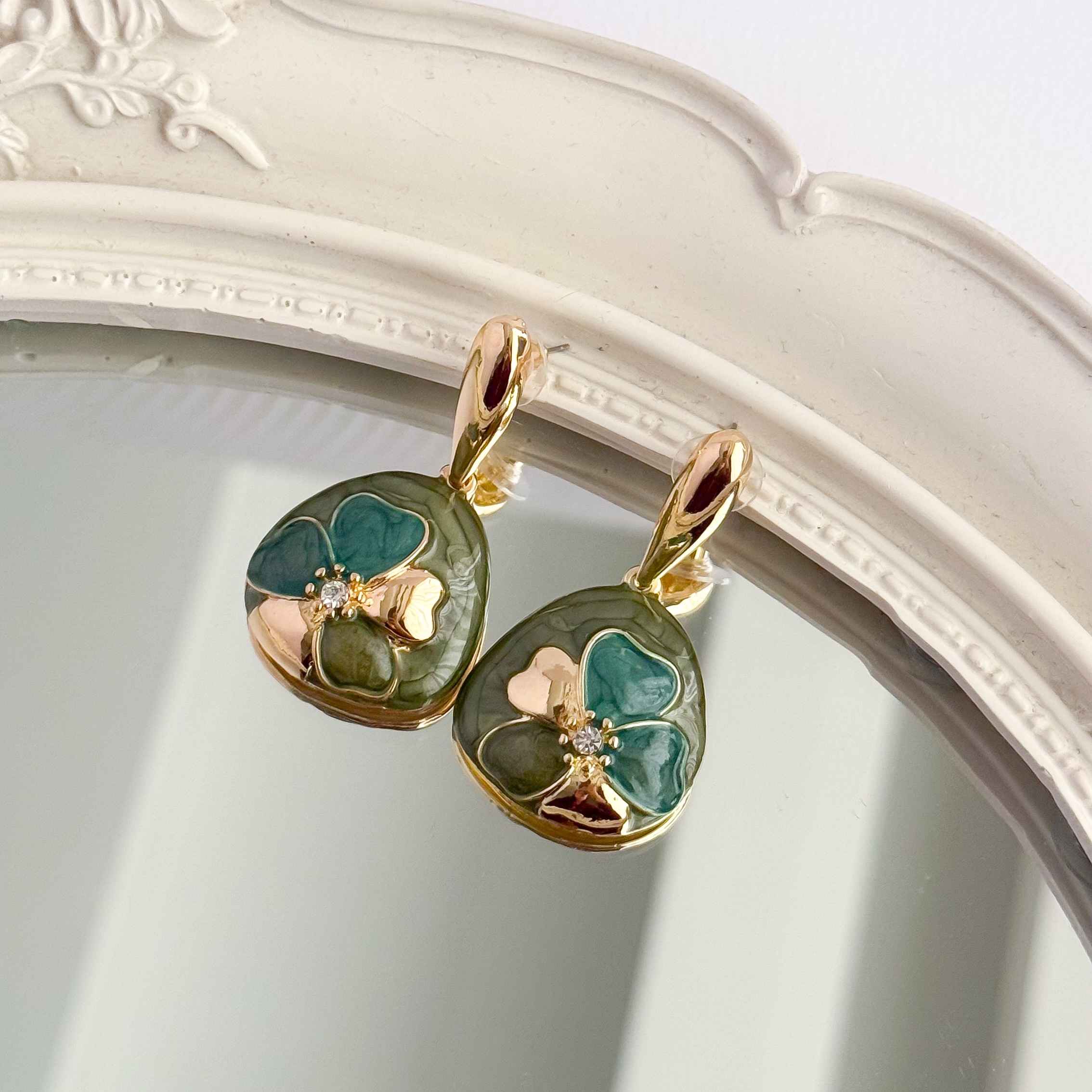 Steel Minakari Green Enamel Flower Drop Earrings for Woman