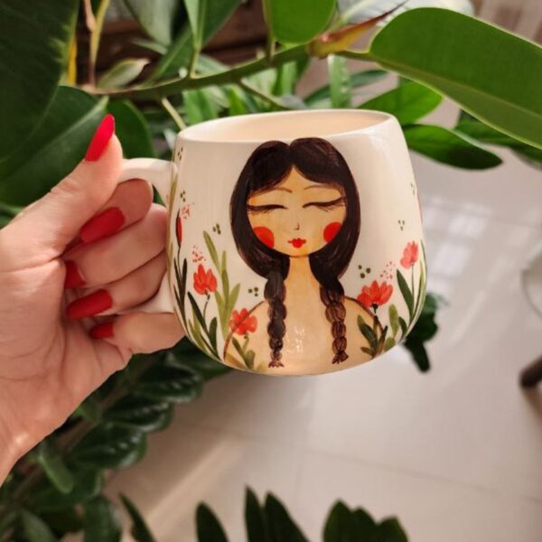 Hand-Painted Ceramic Mug with Unique Girl Portrait Pattern
