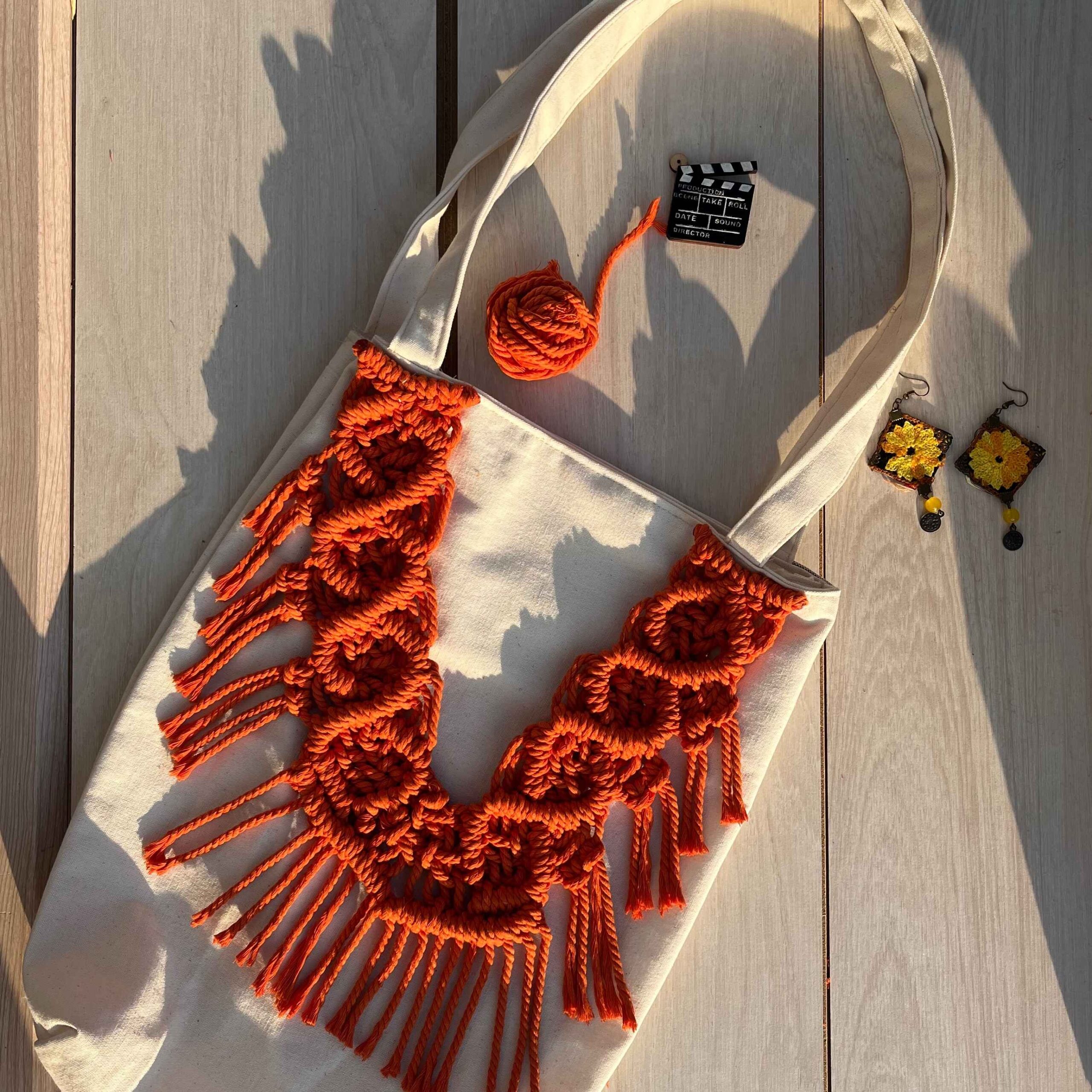 Handcrafted Macrame Tote Bag – Reusable Beige Canvas