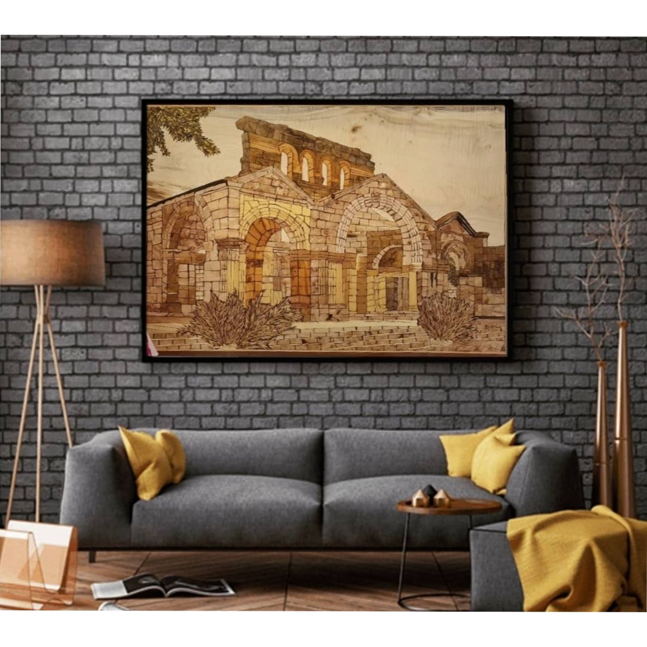 Handcrafted Marquetry Wall Panel with Stunning Church Design