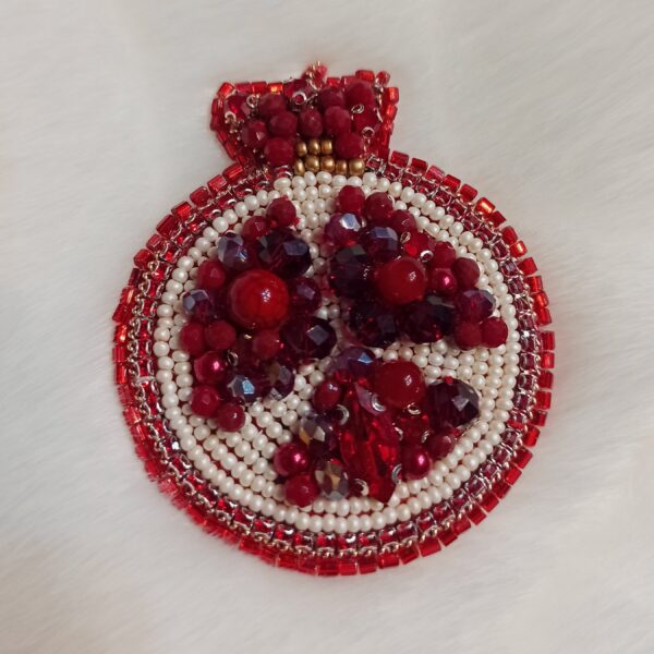 Handcrafted Pomegranate Brooch Pin in Leather & Beads