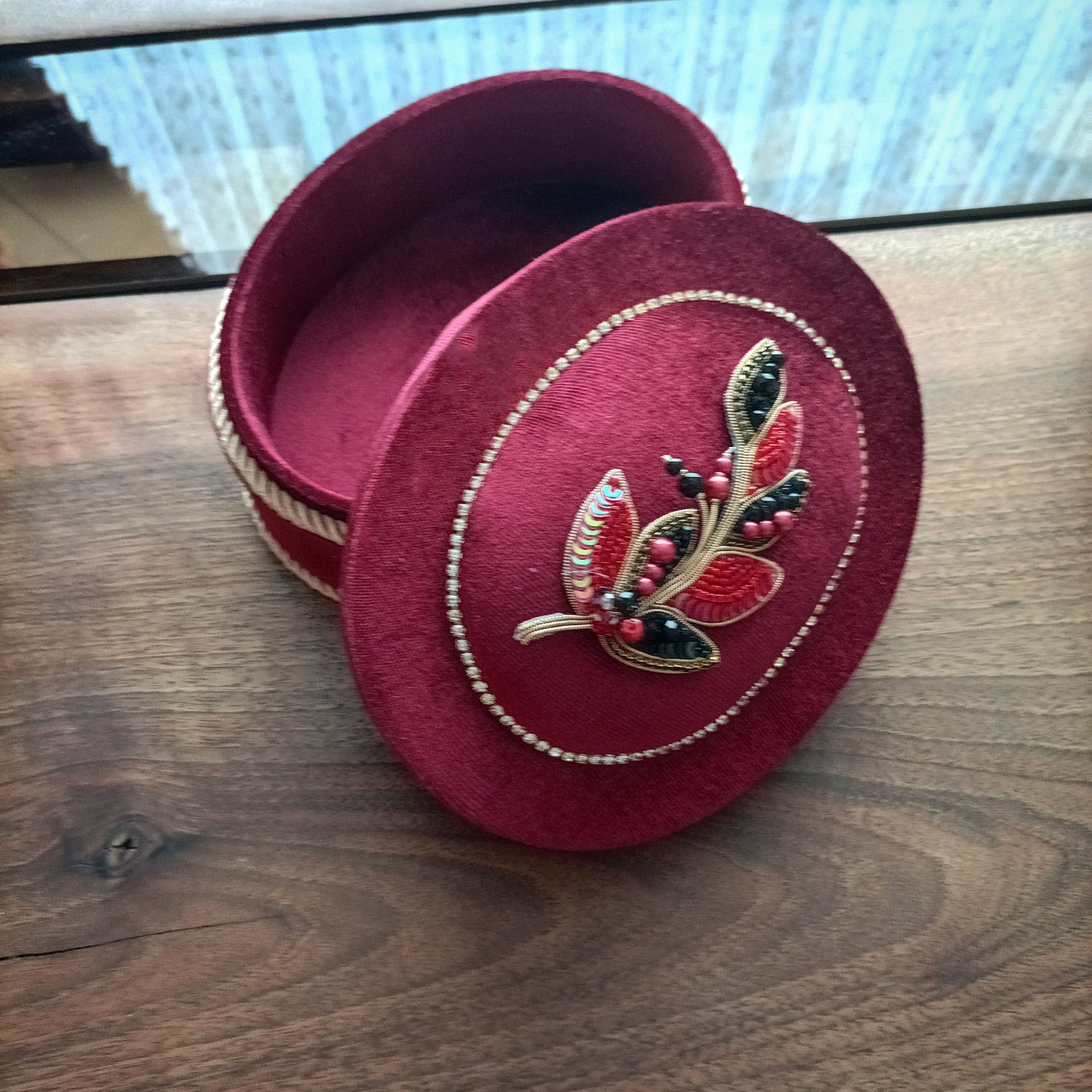 Handcrafted Velvet Fabric Jewelry Box with Stone Embroidery