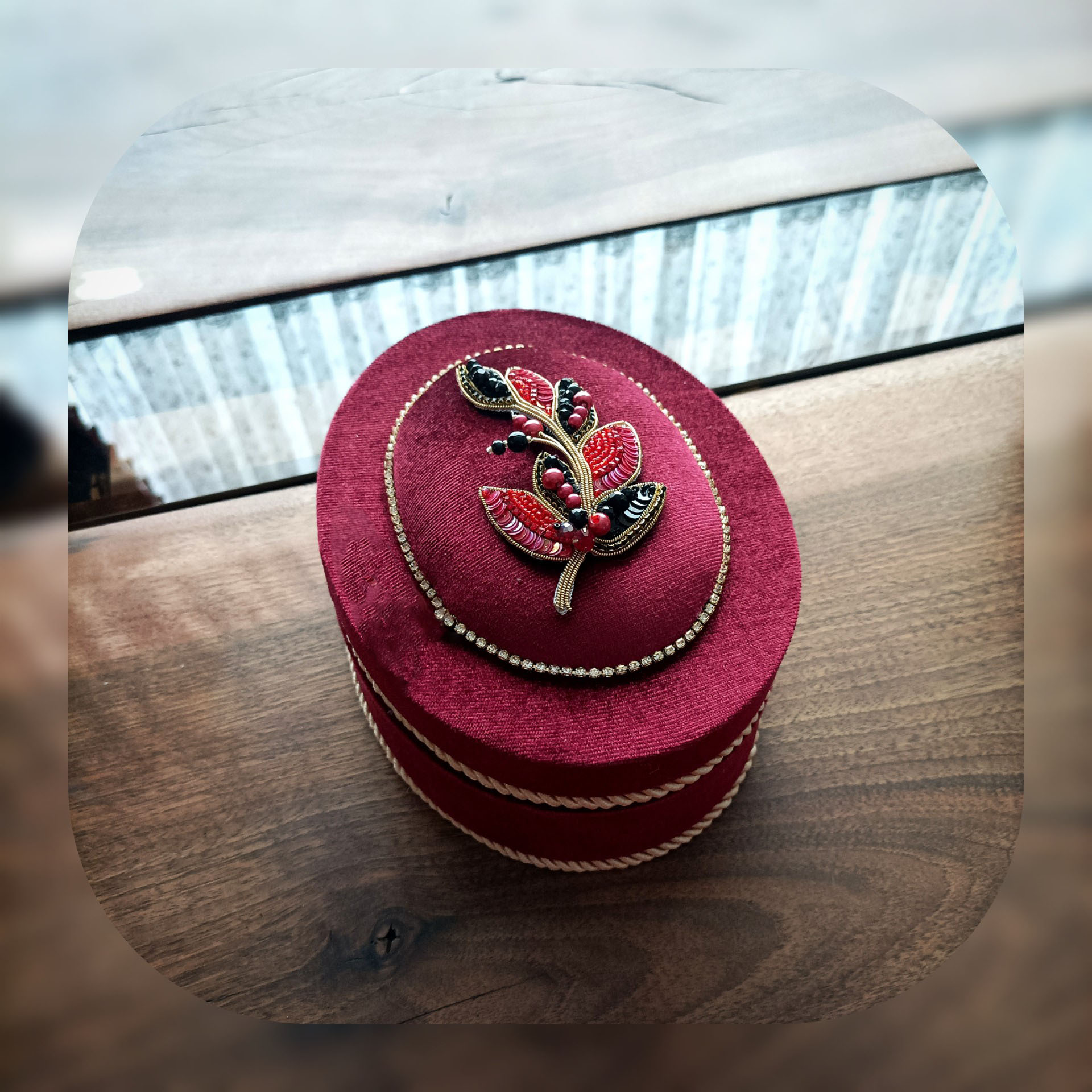 Handcrafted Velvet Fabric Jewelry Box with Stone Embroidery