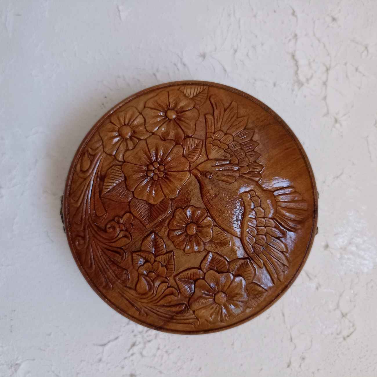 Handcrafted Walnut Jewelry Box with Elegant Bird and Flower Design