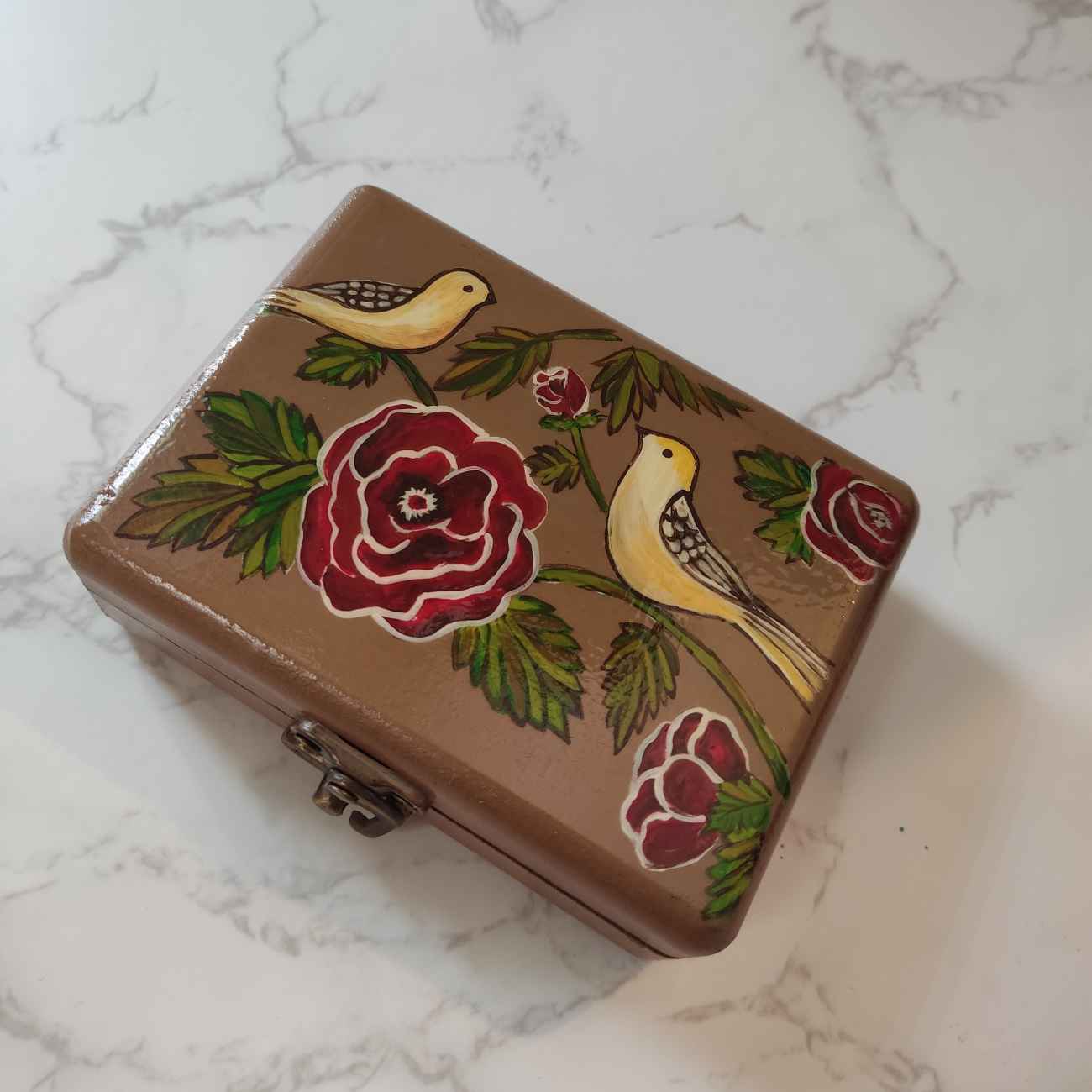 Handcrafted Wooden Jewelry Box with Painted Bird & Flower