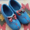 Handmade Blue Wool Felt Slippers with Checkered Bow Design
