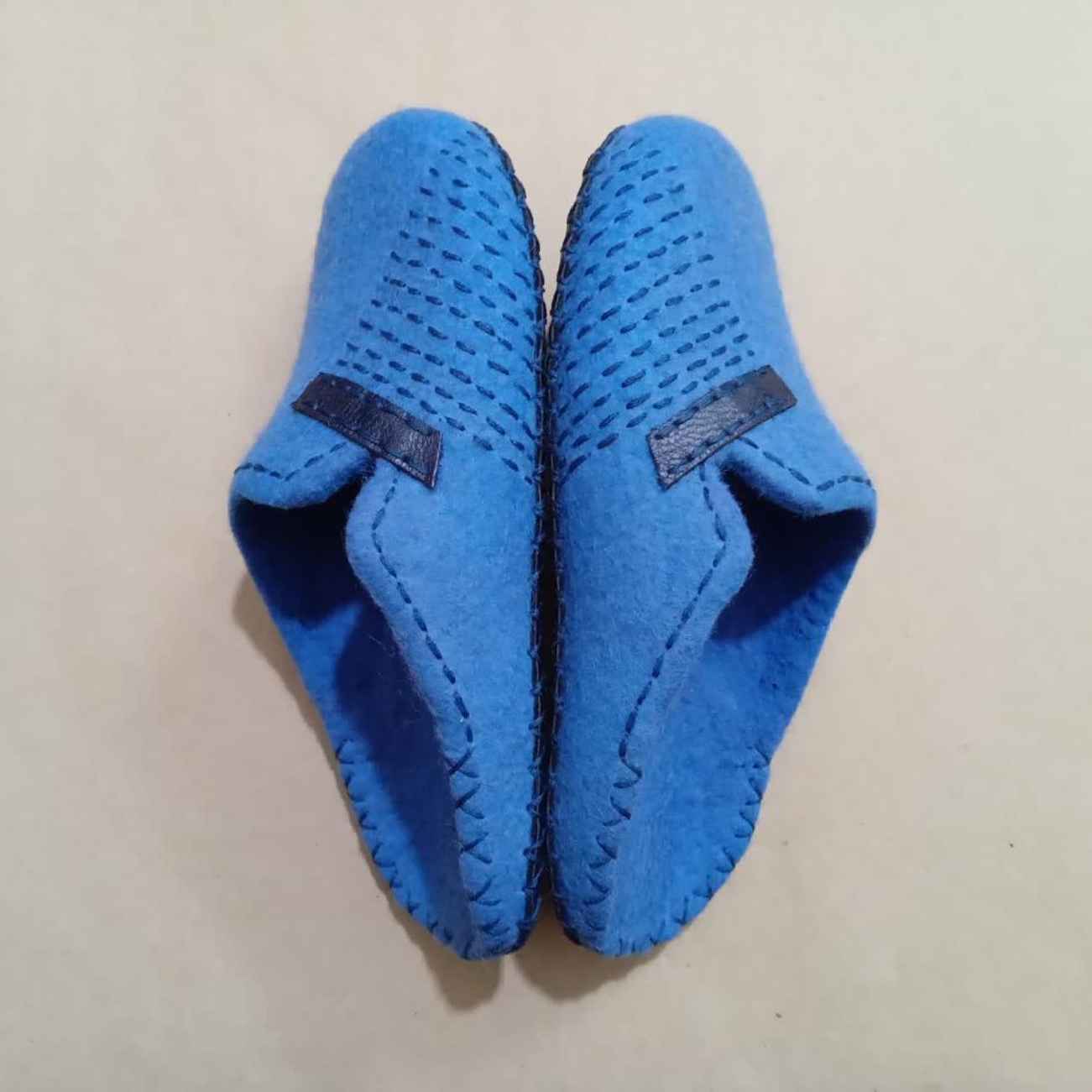 Handmade Blue Wool Felt Slippers with Intricate Textured Pattern