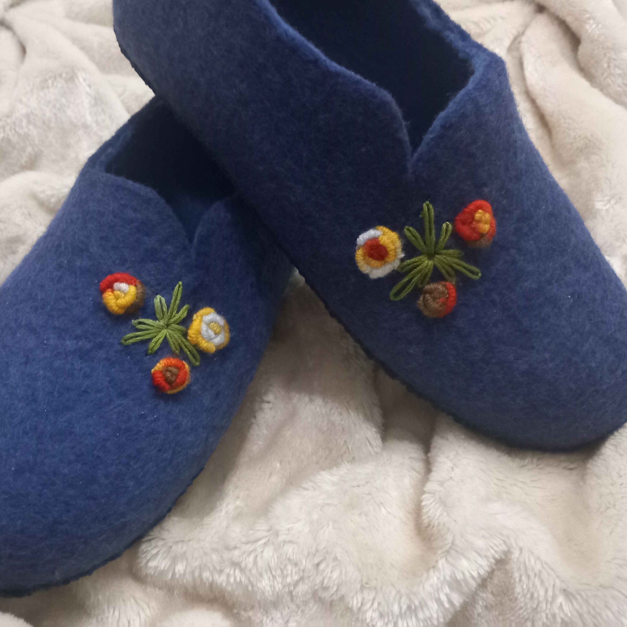 Handmade Wool Felt Slippers with Floral Embroidery in Navy Blue