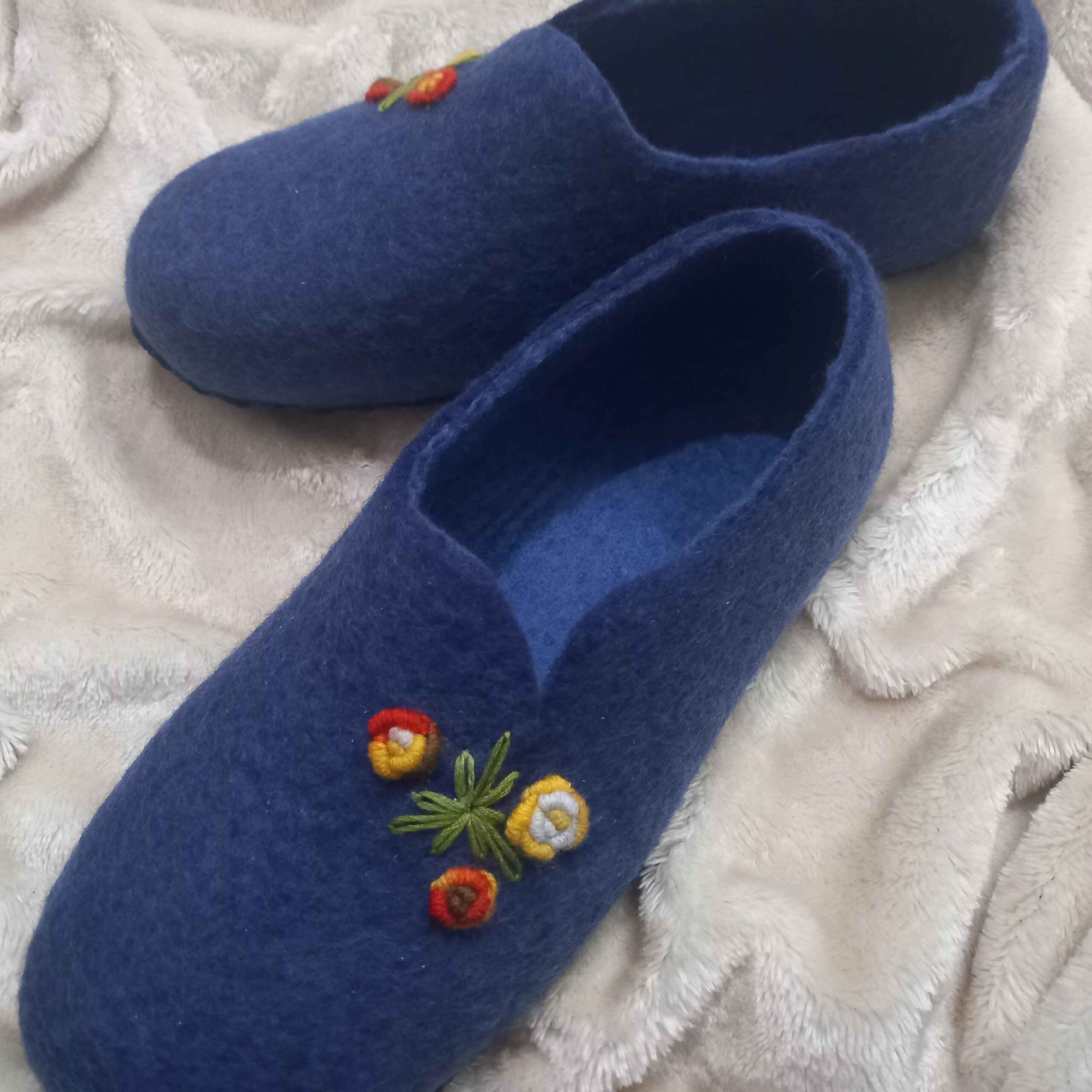 Handmade Wool Felt Slippers with Floral Embroidery in Navy Blue