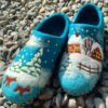 Handmade Teal Wool Felt Slippers with Patterned Winter, Snow