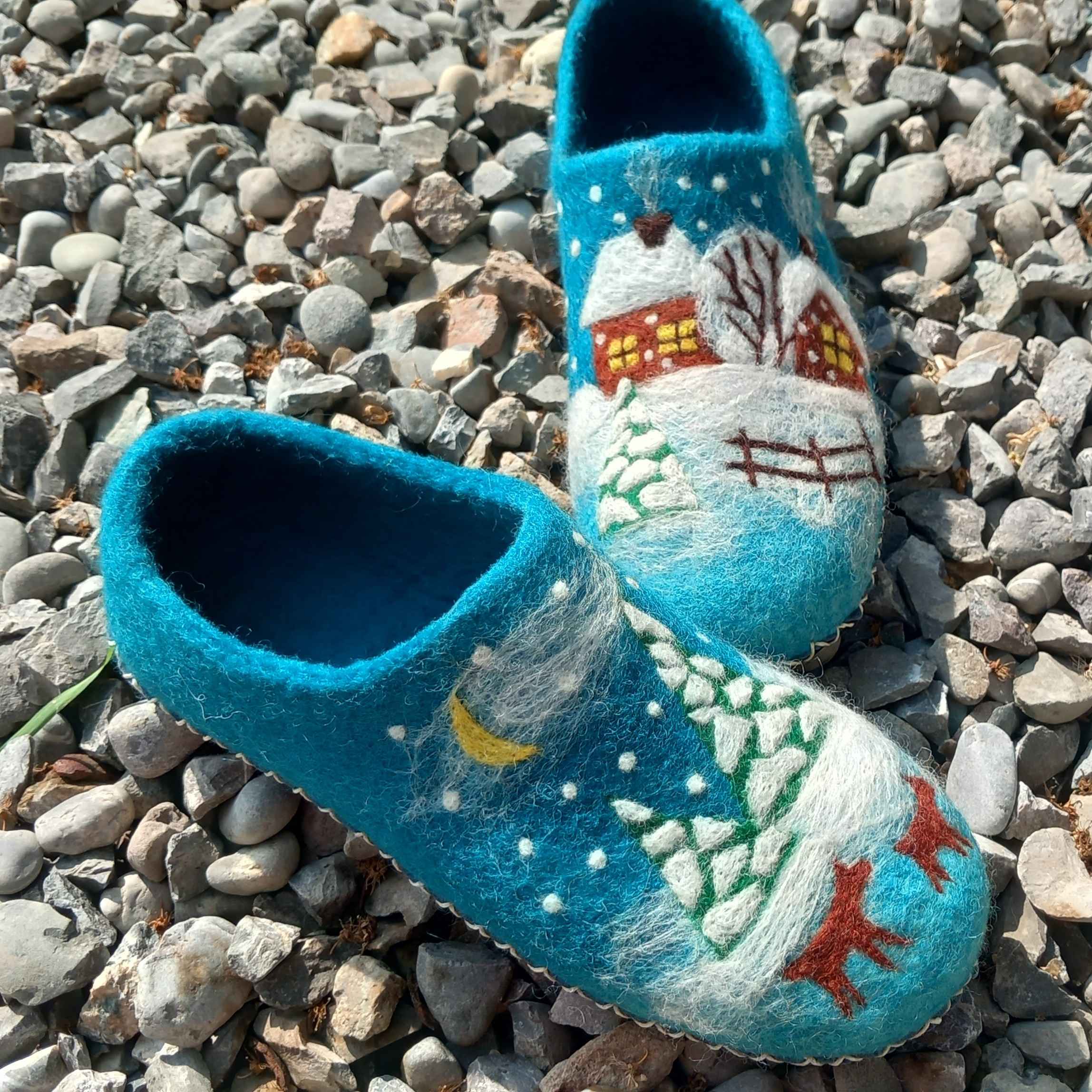 Handmade Teal Wool Felt Slippers with Patterned Winter, Snow