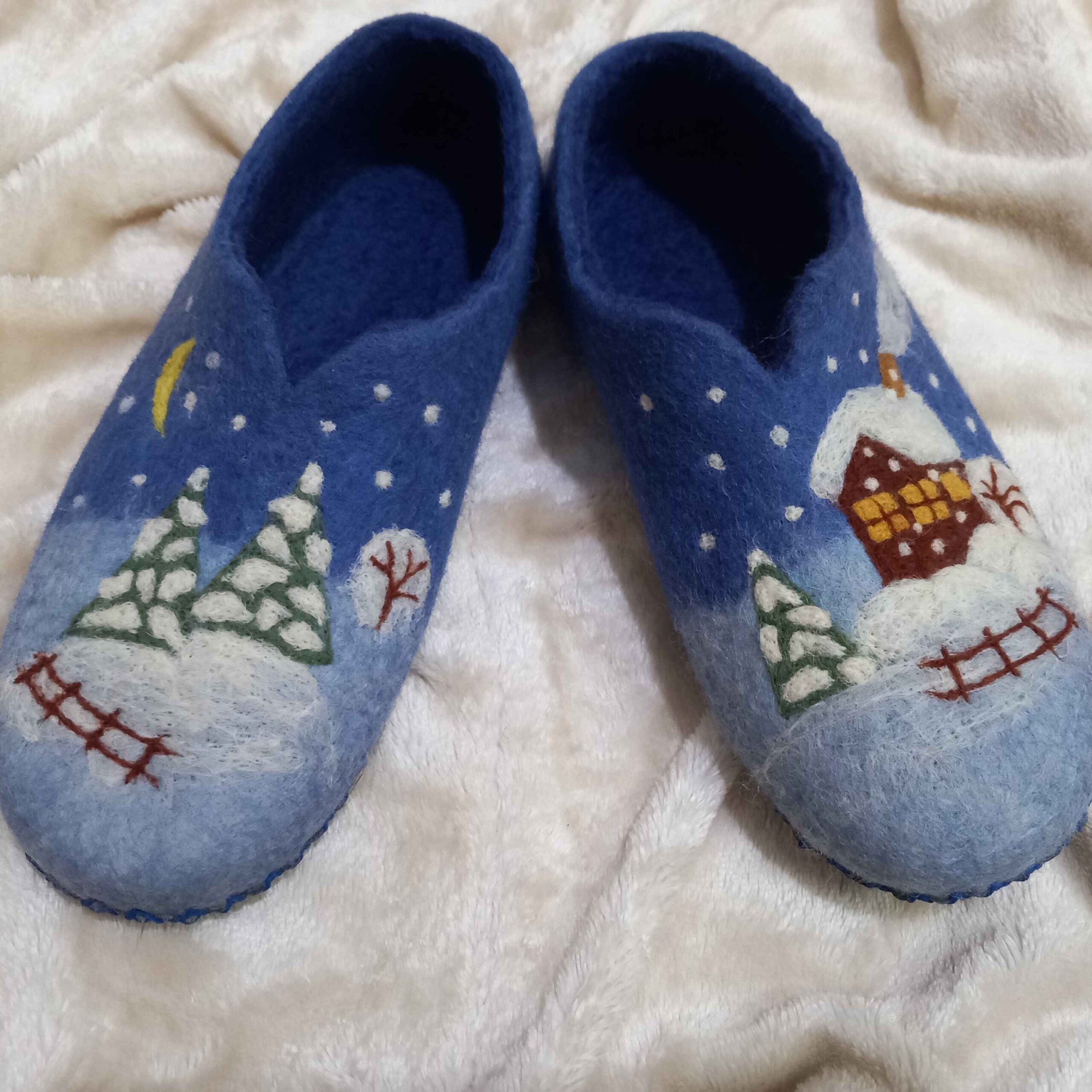 Handmade Teal Wool Felt with Intricate Winter