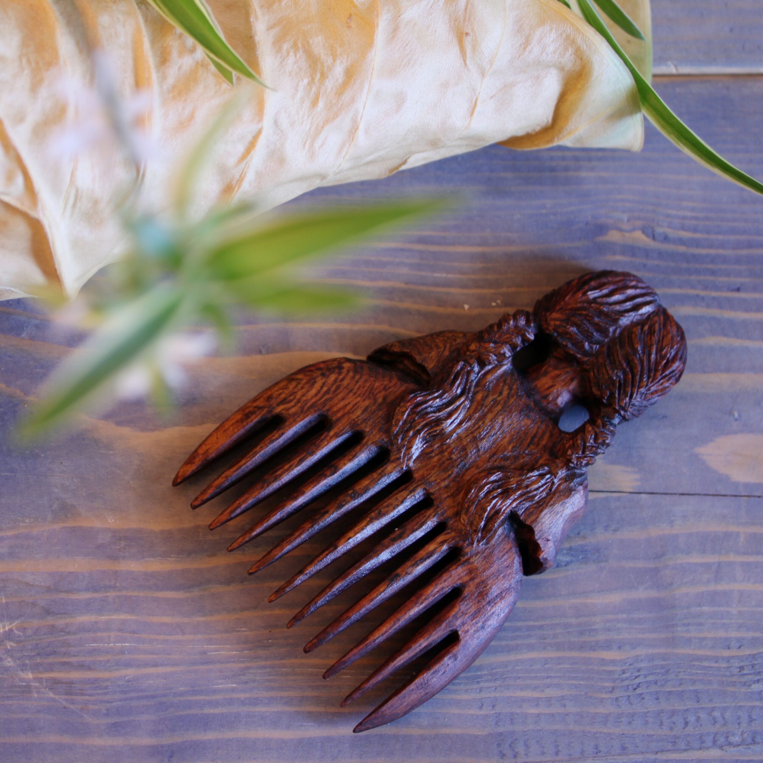 Handmade Wooden Comb with Exquisite Girl with Braided Hair Carving
