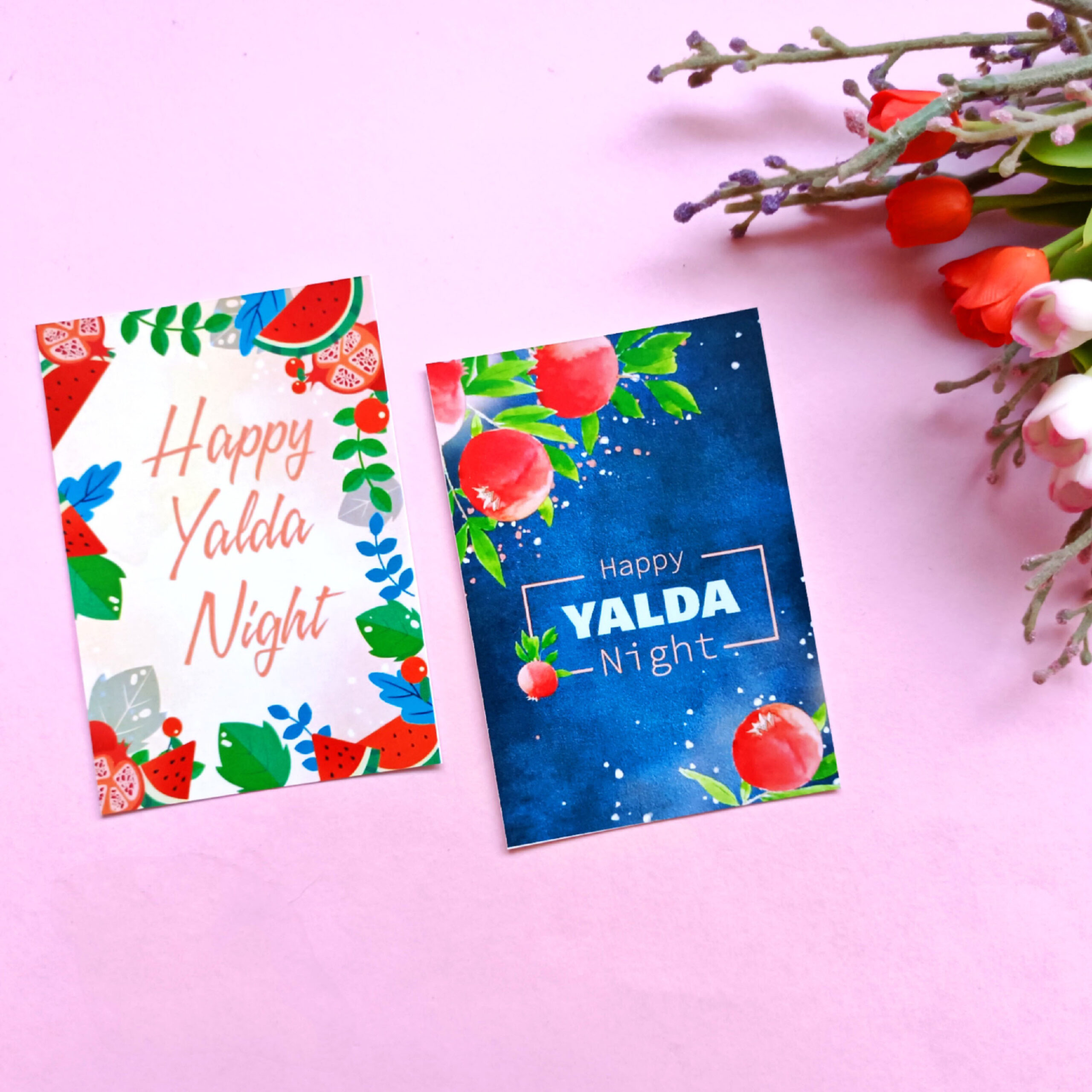 "Happy Yalda Night" Card with Festive Pomegranate and Watermelon Illustration (x9)