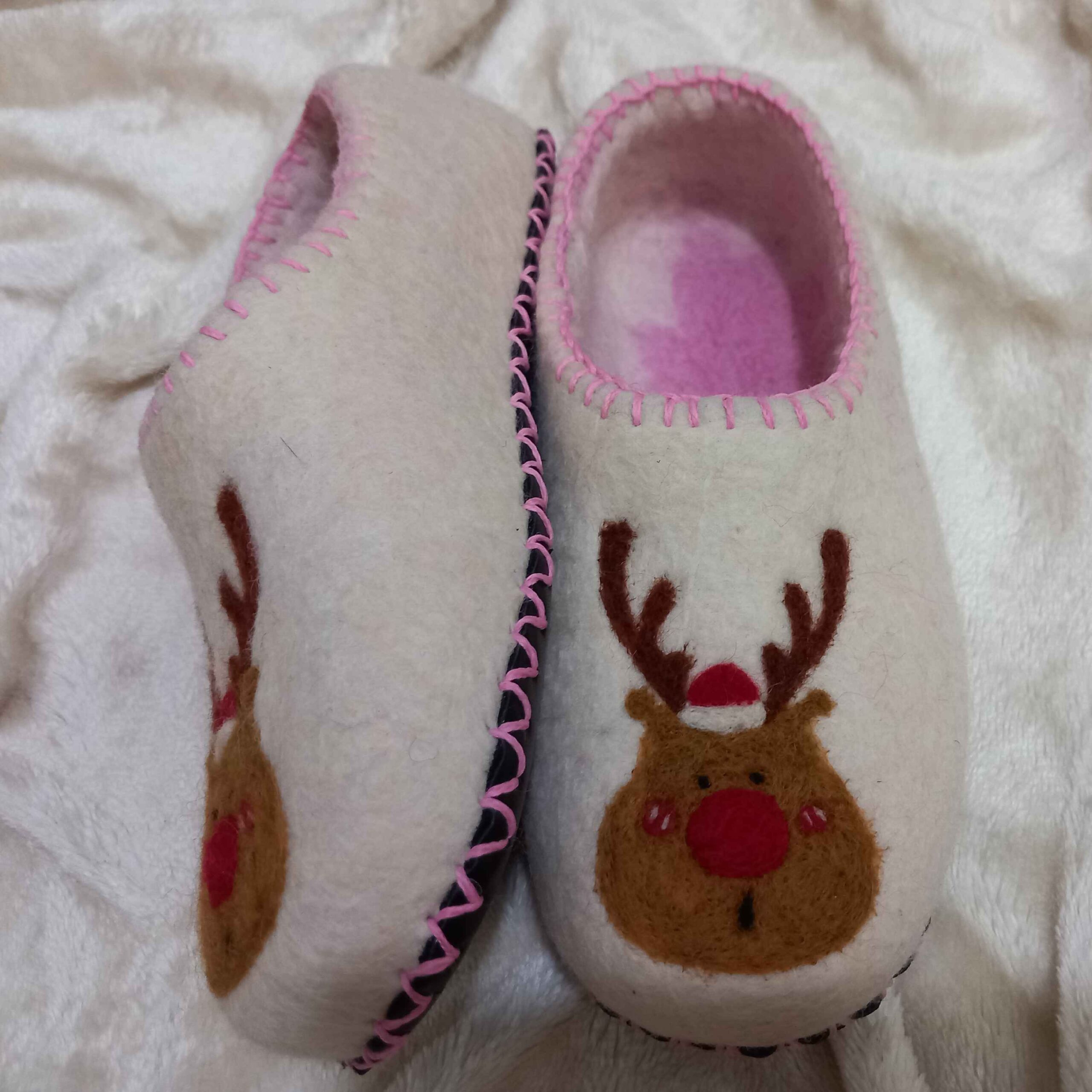 Wool Felt Slippers with Handcrafted Reindeer Pattern