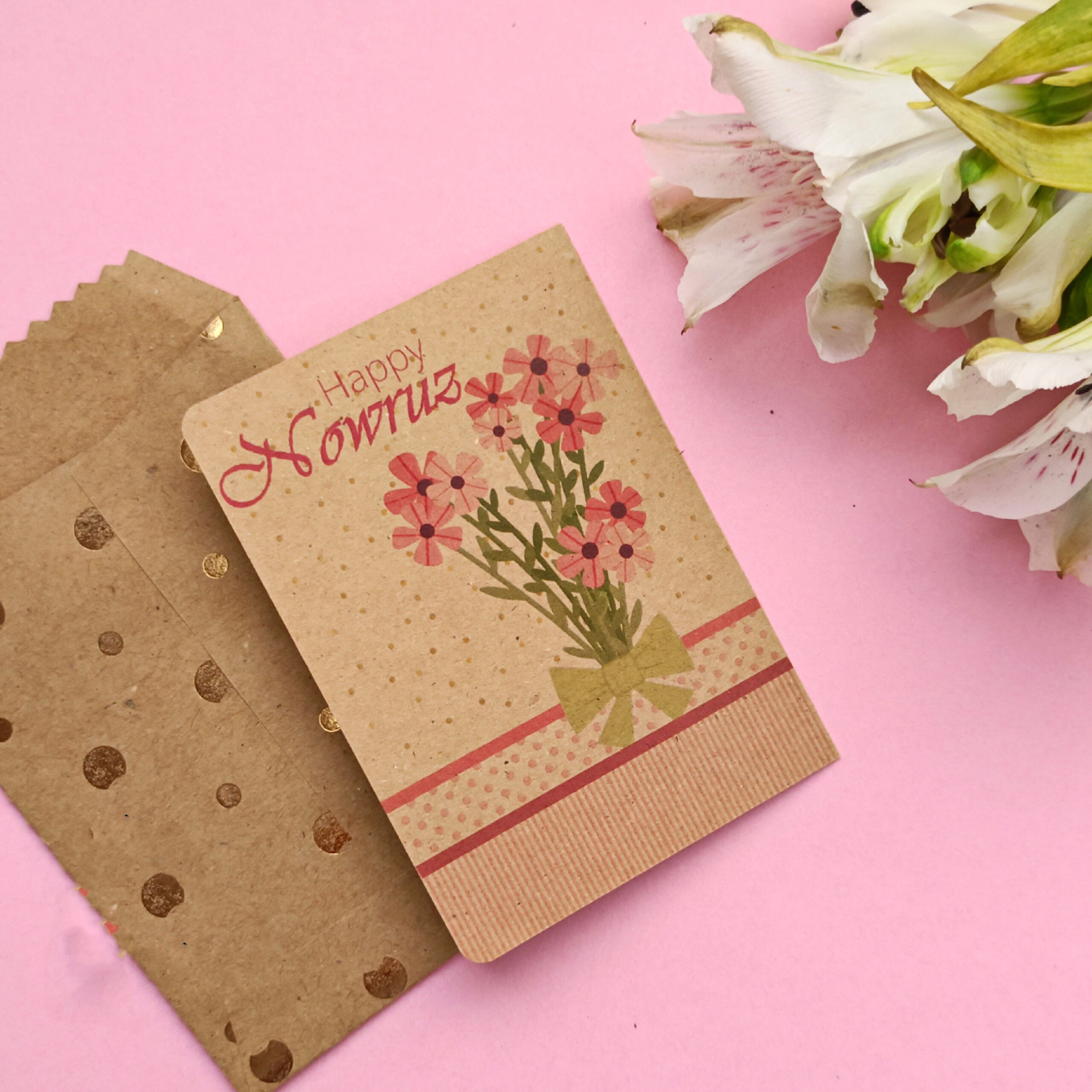 Kraft Paper “Happy Nowruz” Card with Hand-Illustrated Bouquet