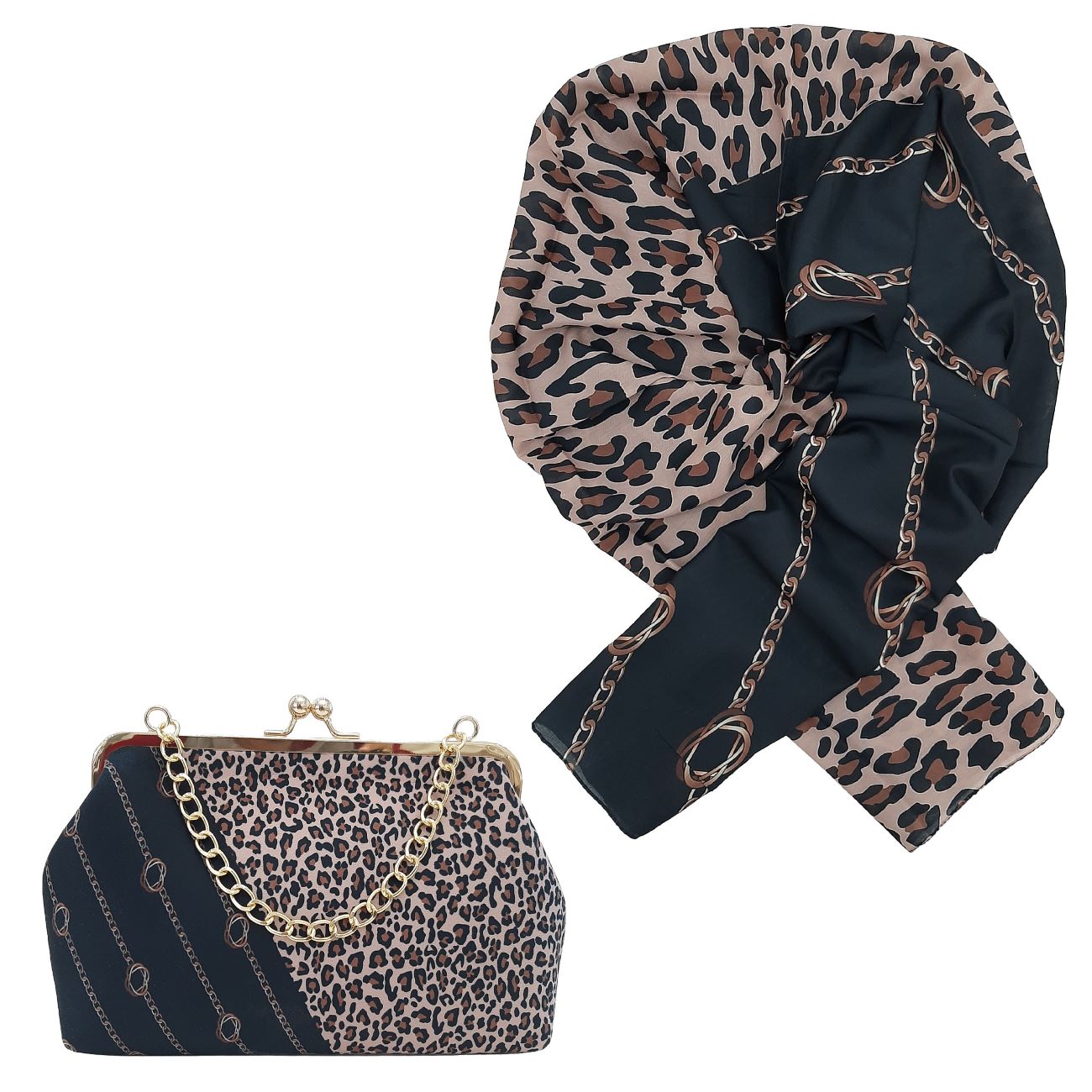 Matching Shoulder Bag & Scarf Set with Unique Leopard Print Pattern