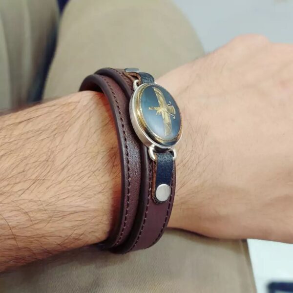 Men’s Leather Bracelet with Original and Natural Hadid Farvahar Gemstone, Silver Surrounding Frame
