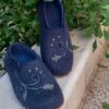 Navy Blue Wool Felt Slippers with Handcrafted Floral Vine Pattern