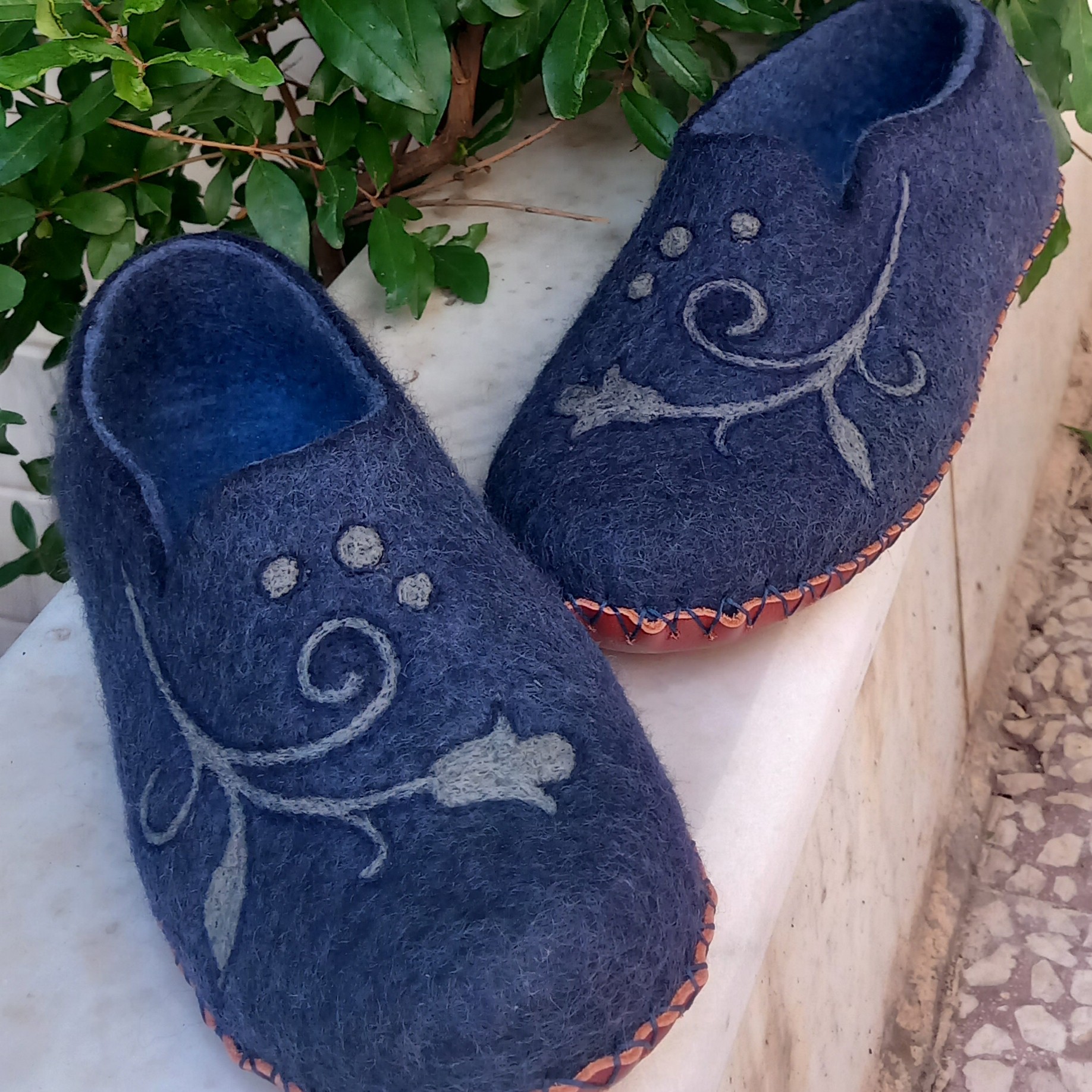 Navy Blue Wool Felt Slippers with Handcrafted Floral Vine Pattern