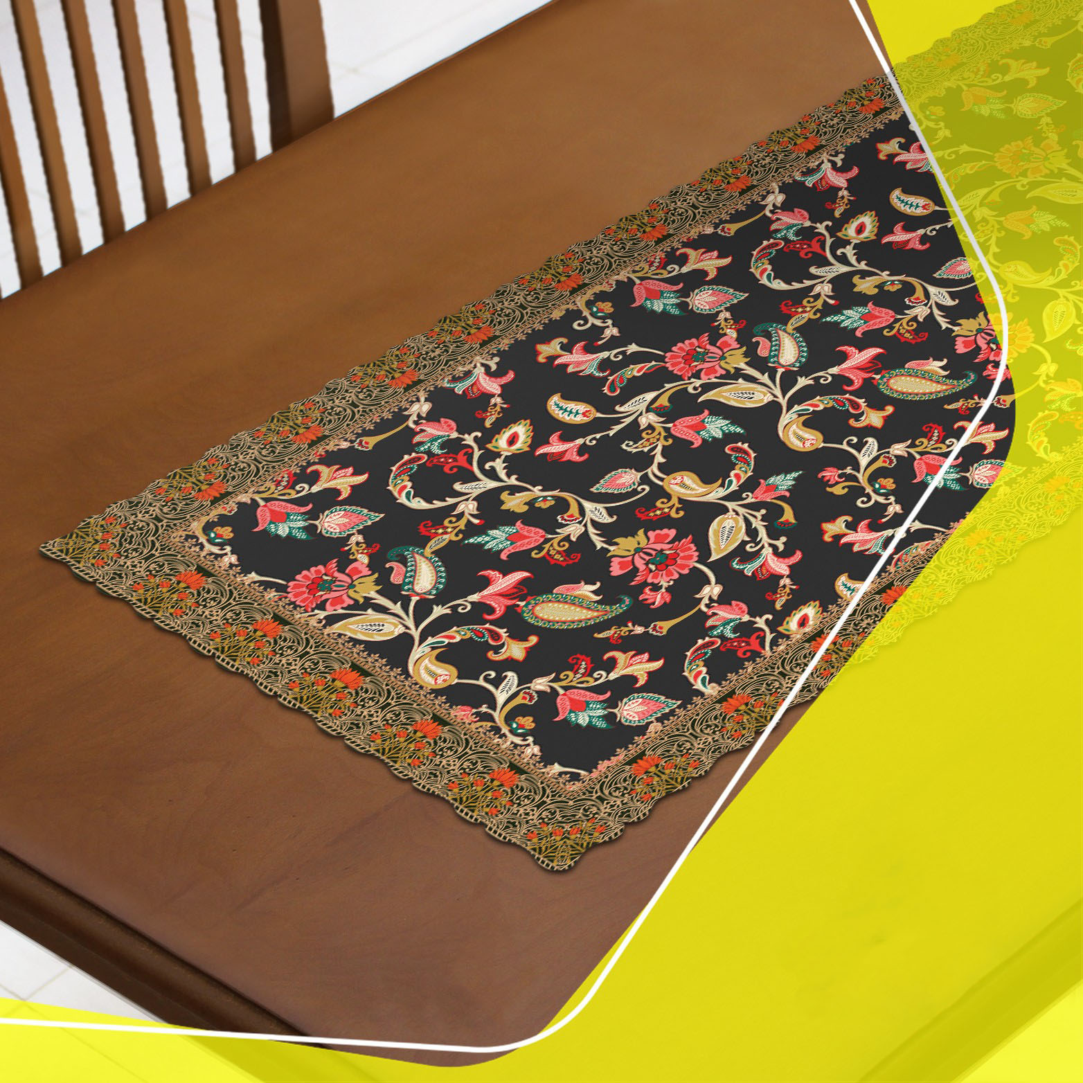 Persian Inspired Black Velvet Table Runner Floral