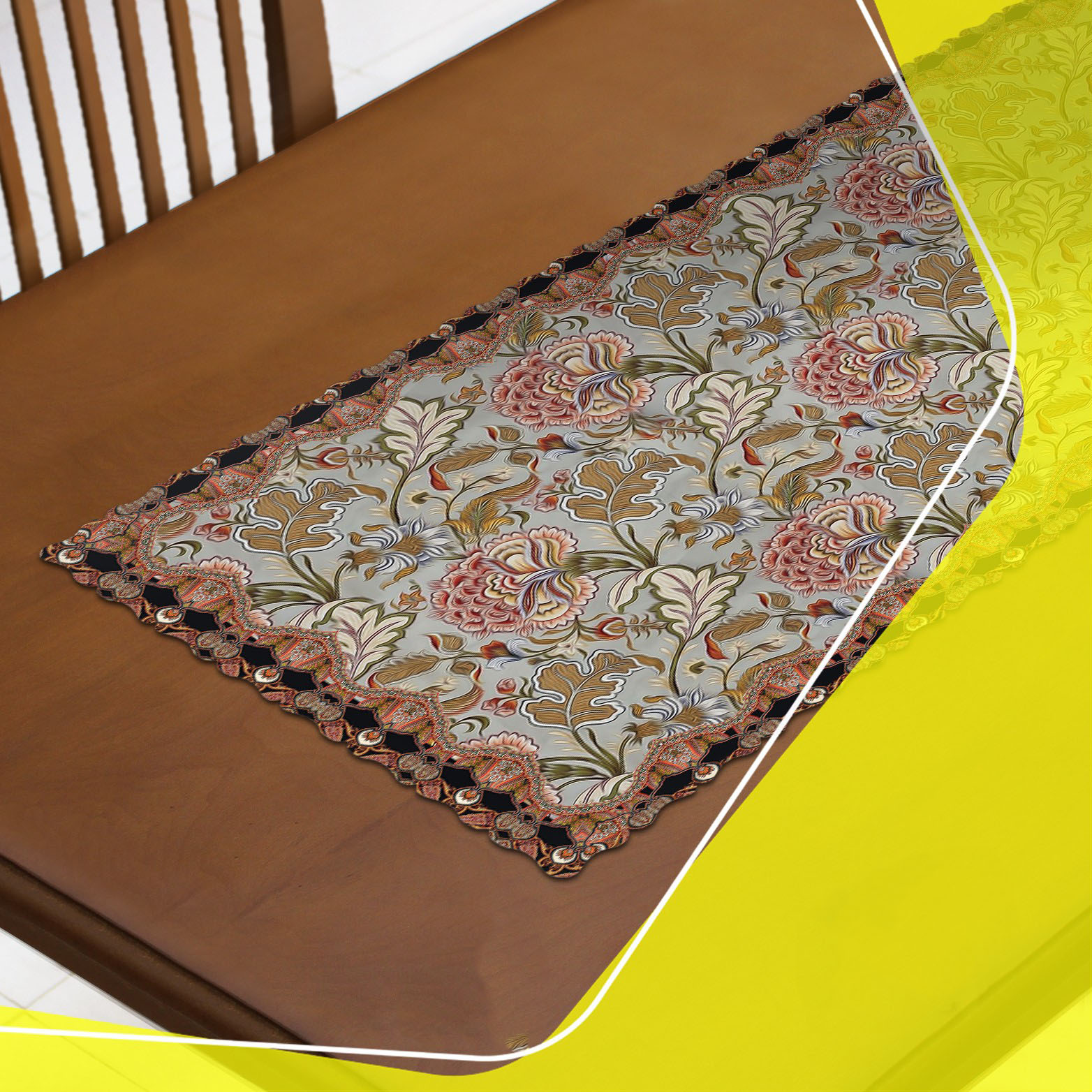 Persian Inspired Velvet Table Runner – with Large Floral Design