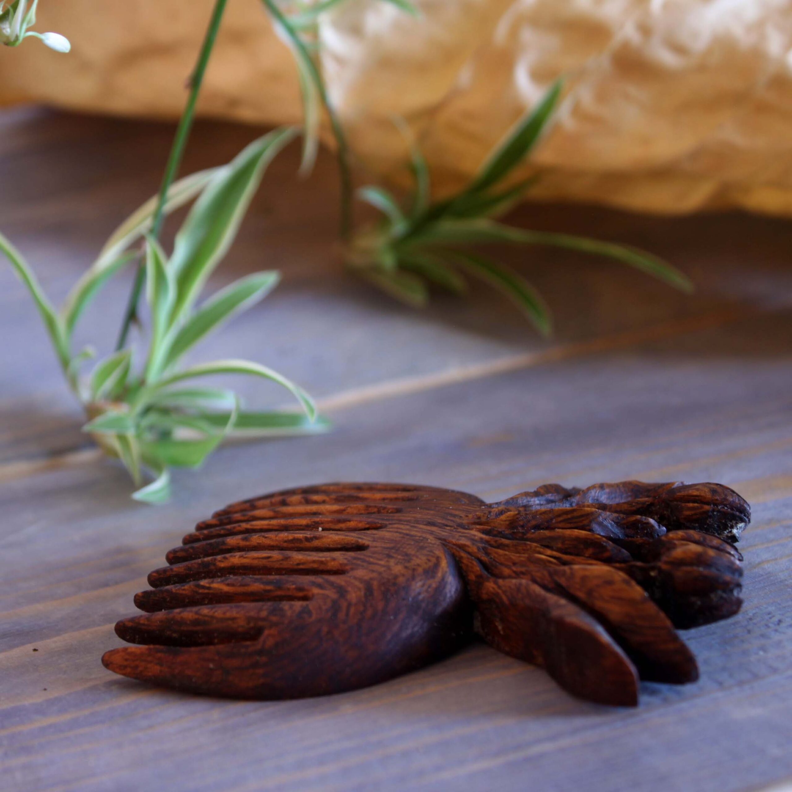 Rustic Hand-Carved Wooden Comb with Floral Tulip Design