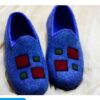 Wool Felt Slippers with Handcrafted Geometric Square Pattern in Blue