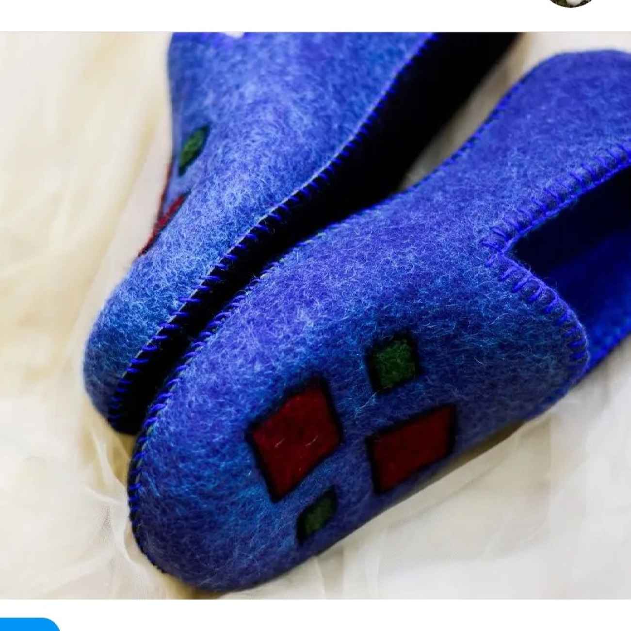 Wool Felt Slippers with Handcrafted Geometric Square Pattern in Blue