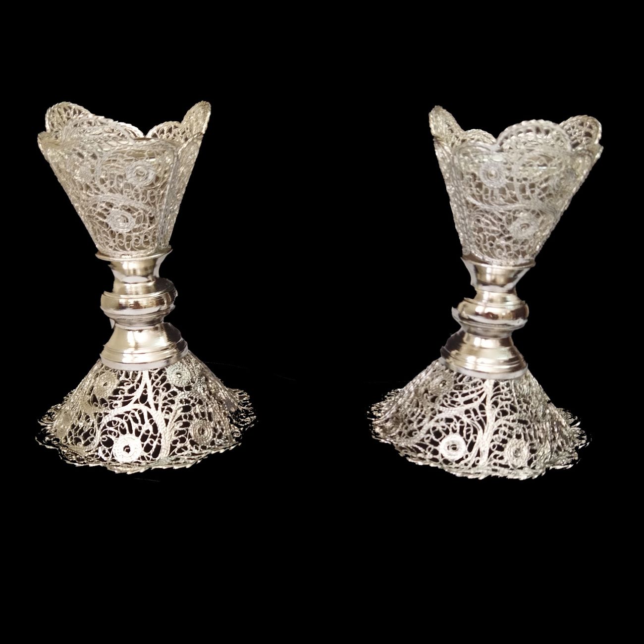 Set of Filigree Candlestick Made of Copper & Silver Coated