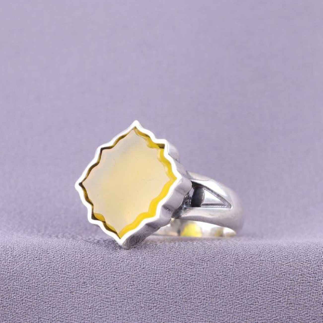Silver Geometric Ring Band with Sharaf al-Shams Inscription for Men