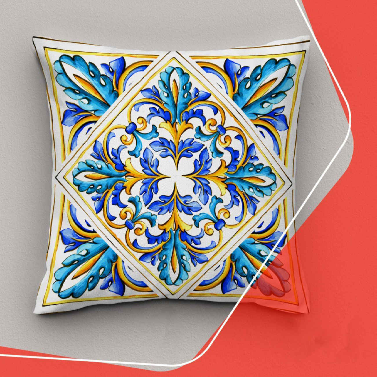 Throw Pillow Covers Blue Abstract Italian Majolica with Geometric & Floral Pattern (X2)
