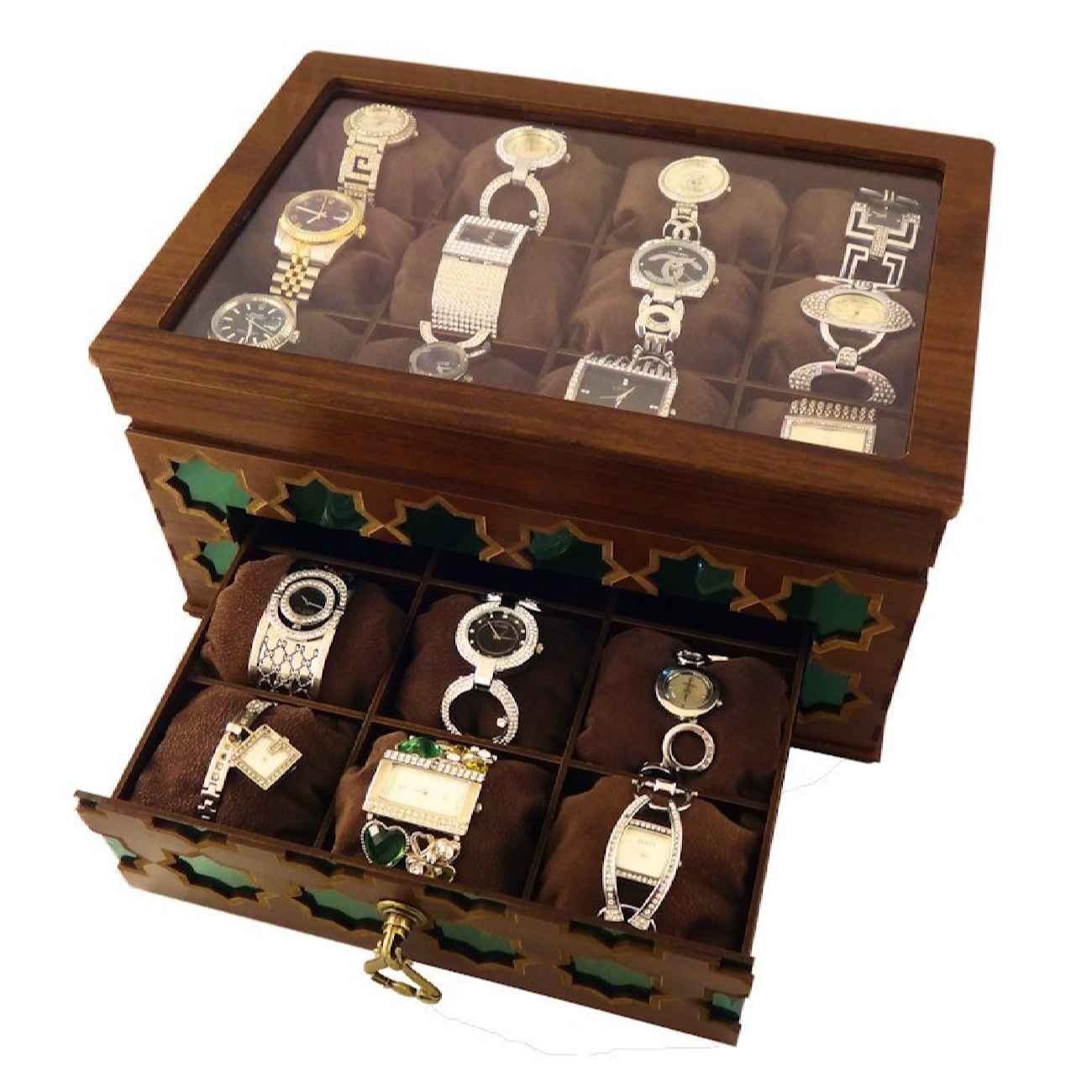 Tiered Wooden Watch Organizer with Geometric Pattern