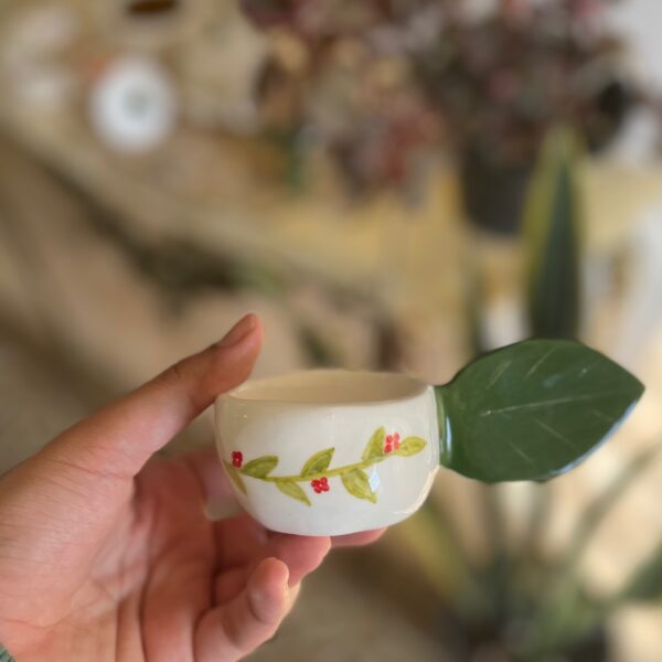 Ceramic Cup with Leaf Handle and Berry Pattern, Artistic