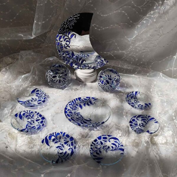 Vitarail Haft-seen Set Dishes with Mirror, Fish Tank & Large Plate Suitable for Nowruz Floral Design Set of 9