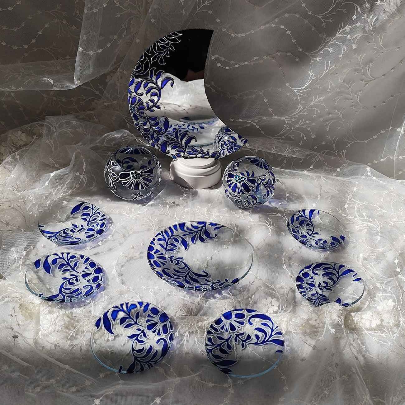 Vitarail Haft-seen Set Dishes with Mirror, Fish Tank & Large Plate Suitable for Nowruz Floral Design Set of 9