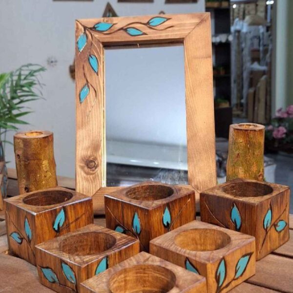 Wooden Haftseen Set Dishes with Mirror suitable for Nowruz Blue Leaf