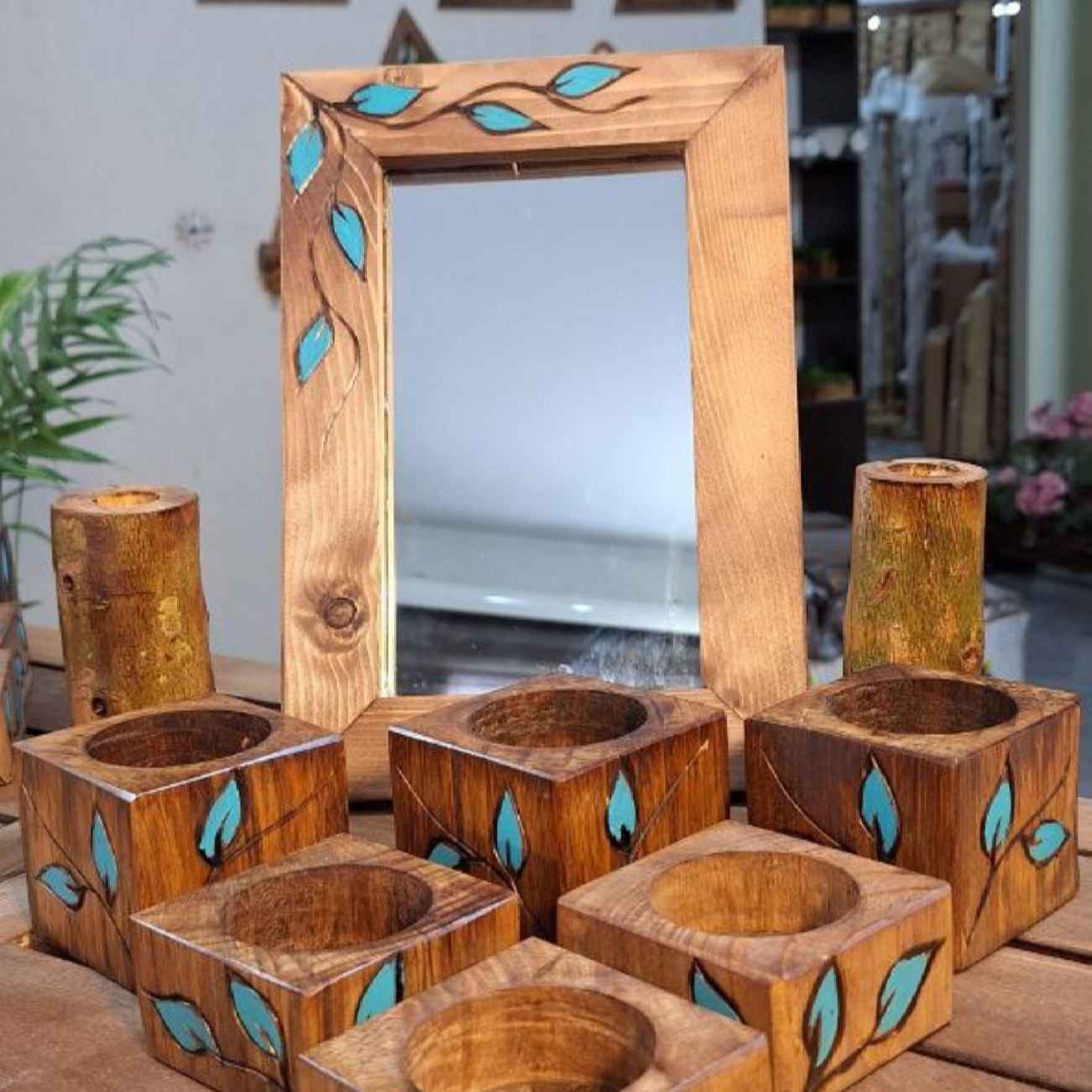 Wooden Haftseen Set Dishes with Mirror suitable for Nowruz Blue Leaf