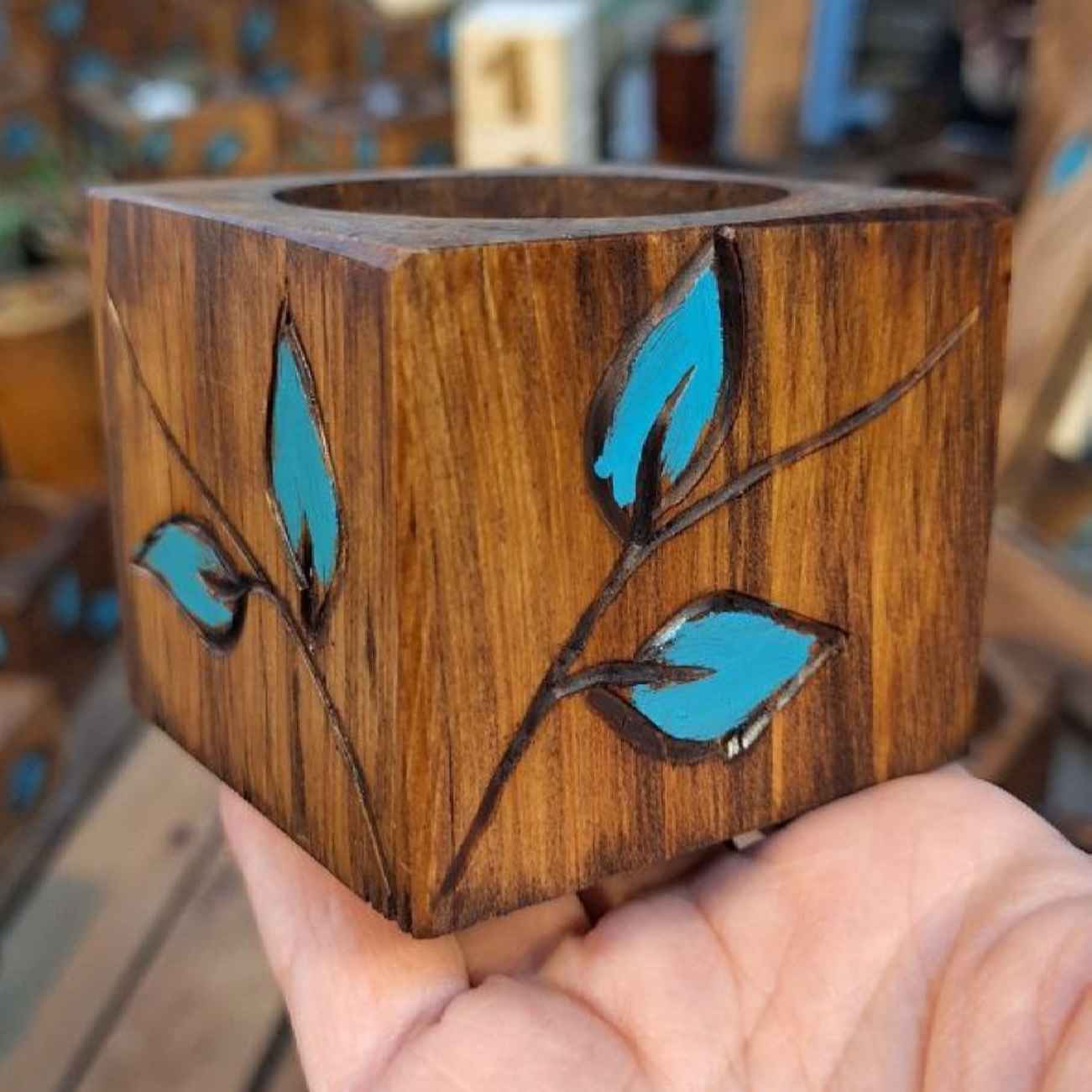 Wooden Haftseen Set Dishes with Mirror suitable for Nowruz Blue Leaf