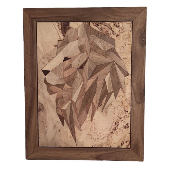 Wooden Marquetry Wall Art – Wood Inlay Panel with Lion Design