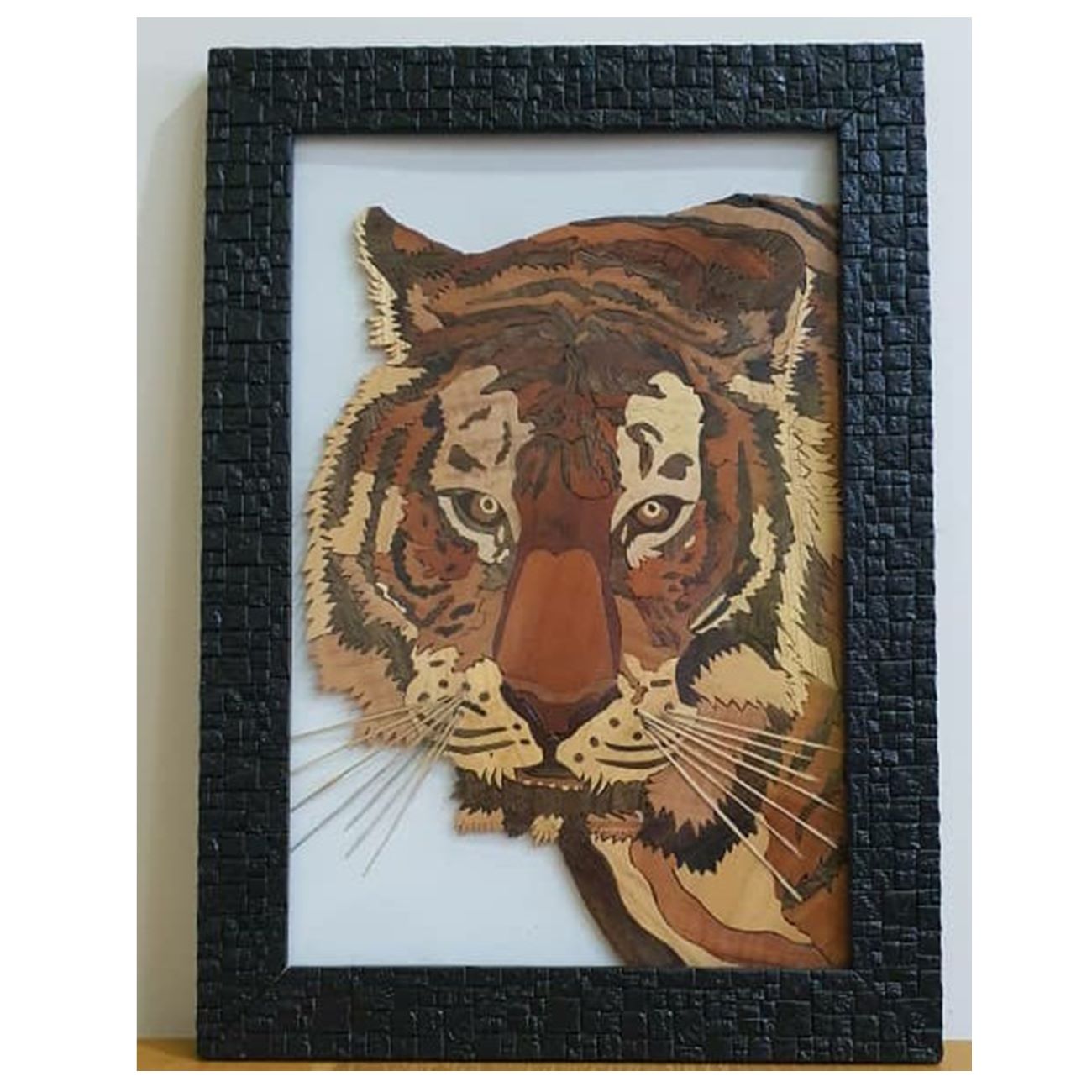 Wooden Wall Frame Art – Marquetry Technique with Tiger Pattern Design
