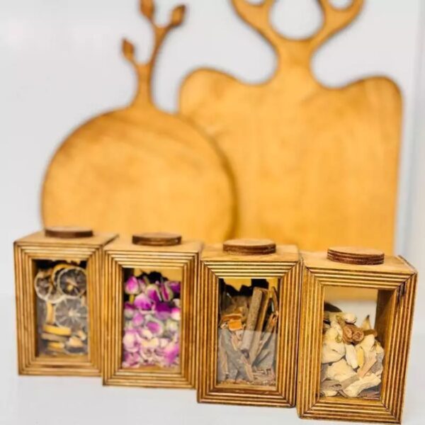 Wooden Spice Rack with Clear Storage Boxes and 4 Sections