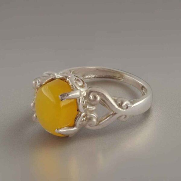 Yellow Agate Sharaf al-Shams Ring in Pure Silver – Four Prong Setting Ring