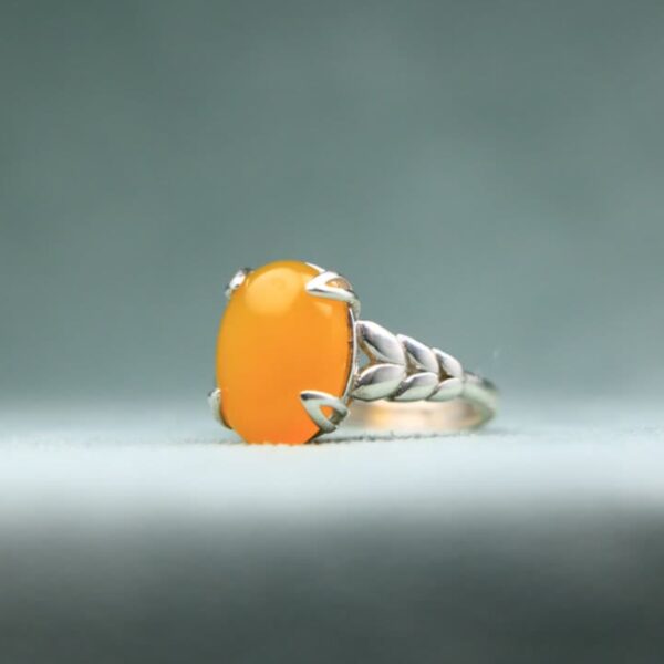 Yellow Agate Sharaf al-Shams Ring in Pure Silver –Wheat Pattern Ring Band