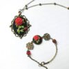 Artisanal Embroidered Bracelet and Necklace Duo - Rose Design
