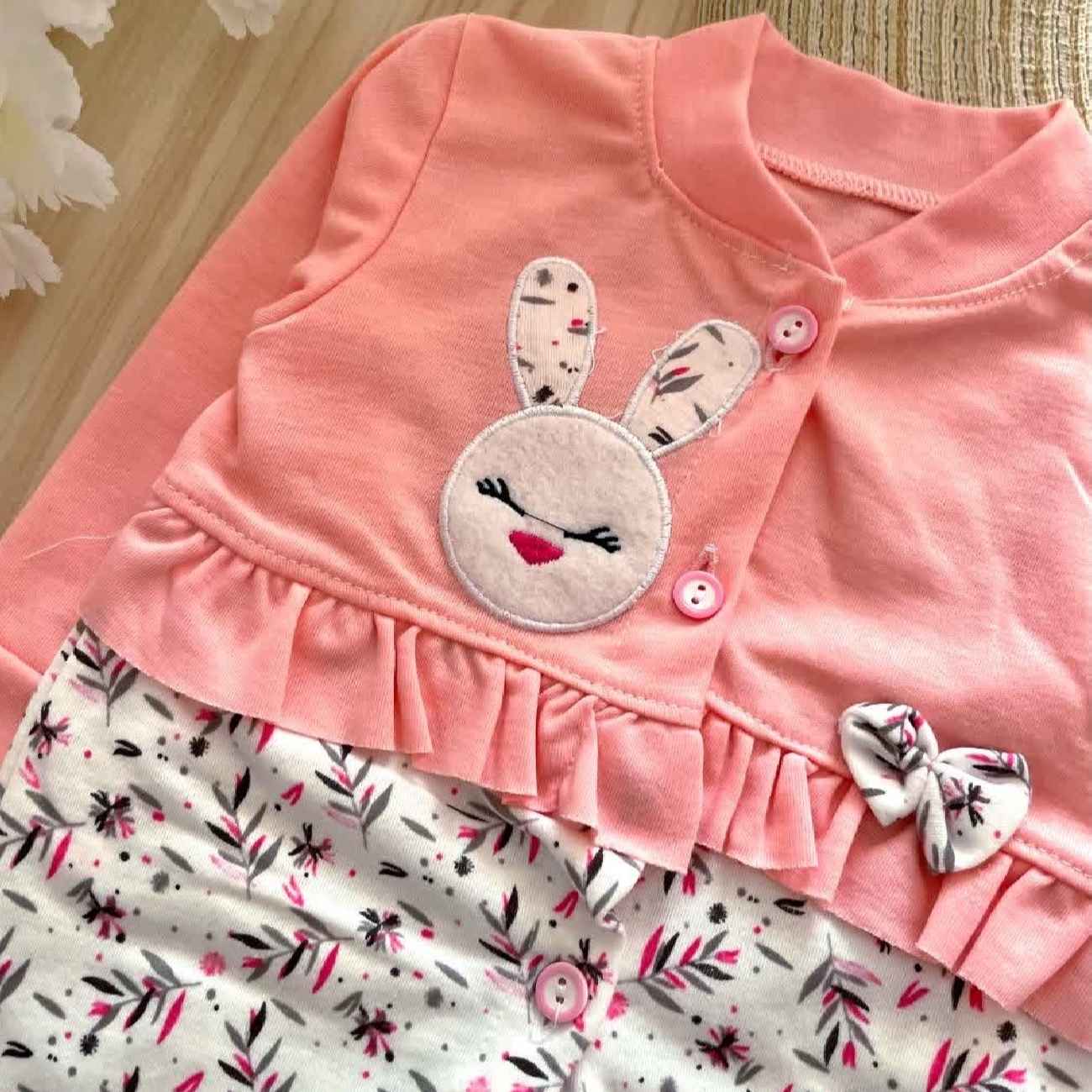 Baby Long Sleeve Jumpsuit and Hat Set Bunny & Floral Pattern