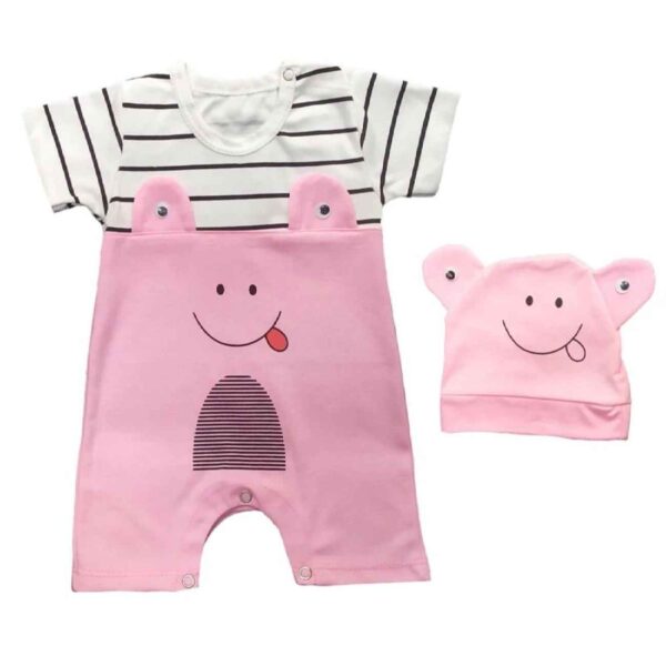 Baby Short Sleeve Jumpsuit and Hat Set with Striped Pattern