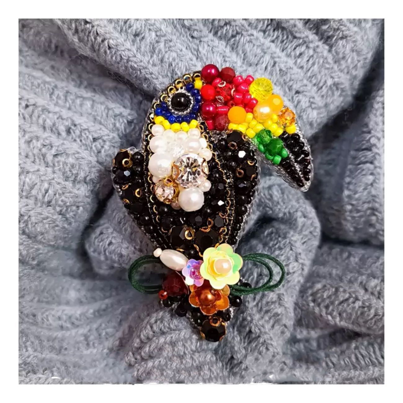 Beautiful Parrot Design Jewel-Embroidered Brooch, Handmade